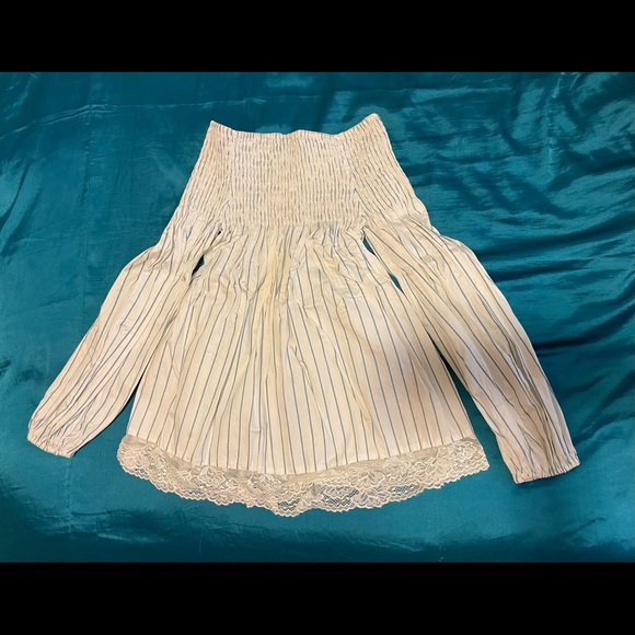 MLM Made For You Womens XS White Blue Stripe Off Shoulder Balloon Sleeve Blouse - Picture 8 of 10